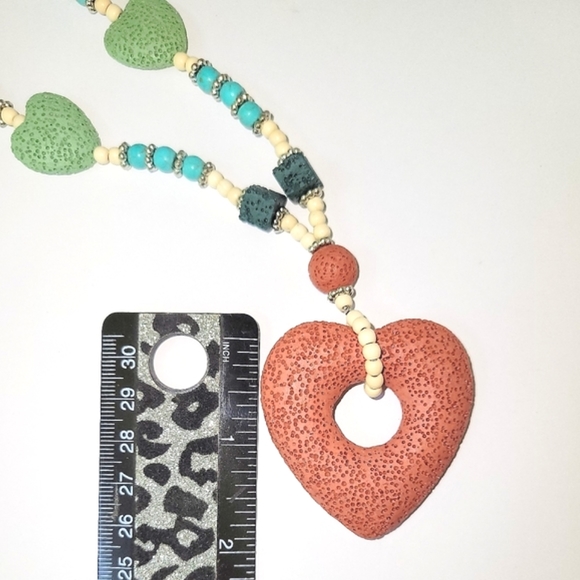 Lava/Howlite, Boho Heart,Statement Necklace w/Red Pendant & Silvertone Accent - Picture 3 of 8